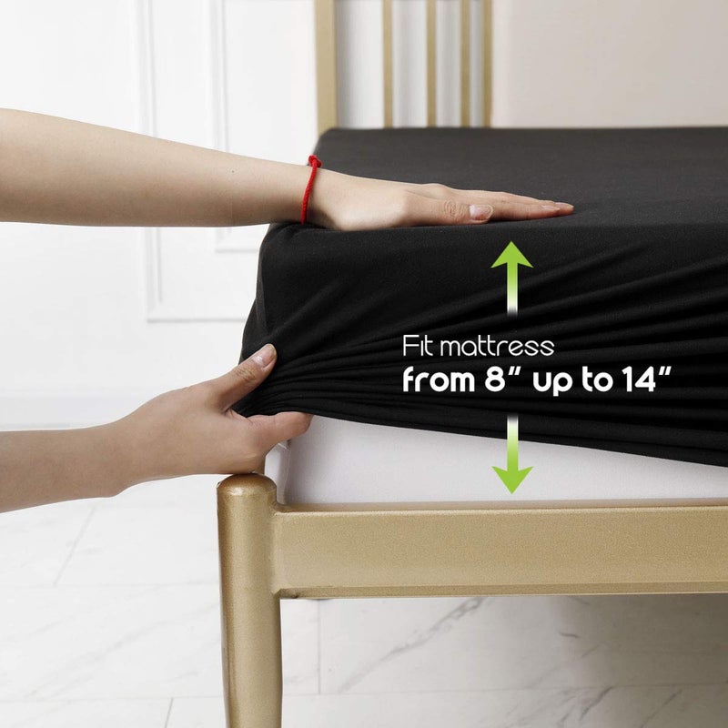COSMOPLUS Fitted Sheet- COSMOPLUS Queen Fitted Sheet Onlyï¼ˆNo Flat Sheet or Pillow Shamsï¼‰,4 Way Stretch Micro-Knit,Snug Fit,Wrinkle Free,for Standard Mattress and Air Bed Mattress from 8â€ Up to 14â€,Black - Image 3